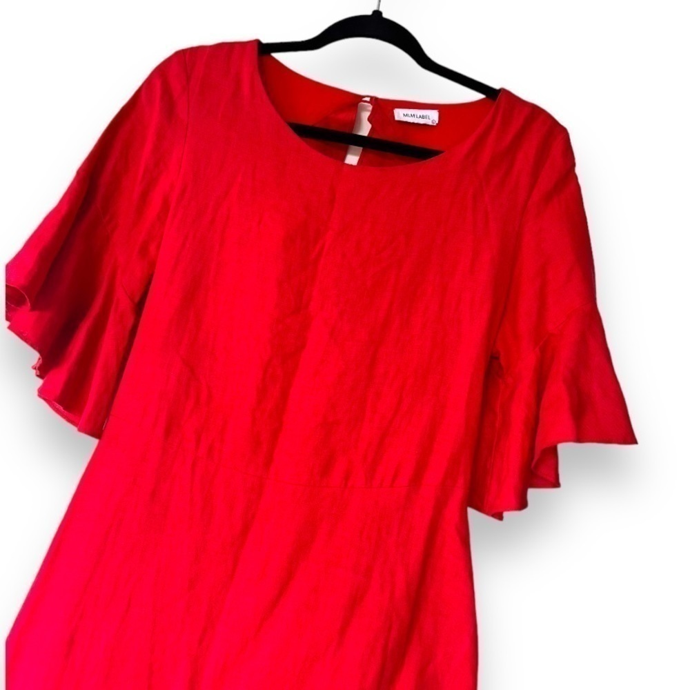 MLM Label Red 100% Linen Open Back Ruffled Flutter Sleeve Mini Dress - Picture 5 of 5